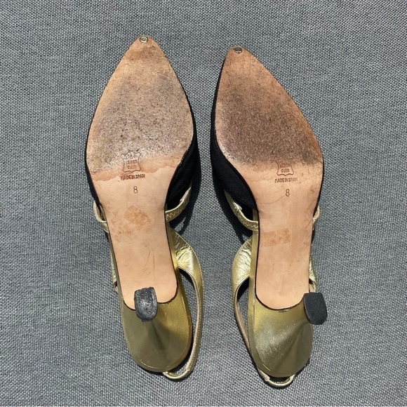 [8] Rare Vintage Holt Renfrew Black Canvas Closed Toed Kitten Heels Gold Straps - Picture 10 of 12